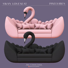 the swan loveseat is pink and black with two swans on it's back