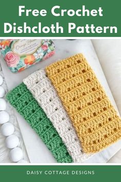 three crochet dishcloths on a table with eggs