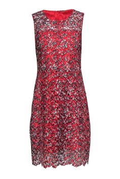 Current Boutique-Elie Tahari - Red Floral Eyelet Lace Sheath Dress Sz 6 Elegant Red Sheath Sleeveless Dress, Red Floral Print Sheath Dress, Red Ruffled Sheath Dress, Red Sleeveless Dress With Heart Print, Red Floral Print Sleeveless Knee-length Dress, Elie Tahari, Classic Pumps, Lace Sheath Dress, Eyelet Lace