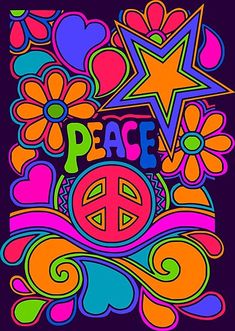 the word peace surrounded by colorful flowers and hearts on a black background greeting card with an abstract