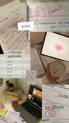 a collage of photos with writing and notes on them, including a laptop computer