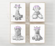 four pictures of elephants with flowers on their head and one elephant holding a stuffed animal