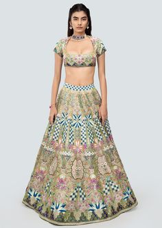 Multicolored green heavy embellished and applique kali tissue lehenga with blouse and scallop net dupatta. Kali Lehenga, Tissue Lehenga, Lehenga With Blouse, Green Lehenga, Net Dupatta, New Launch, Lehenga, Olive Green, Product Launch