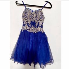 Blue Tulle Mesh Mini Dress With Rhinestone Detail Junior Size 3 Blue Mini Dress For Prom Season, Royal Blue Mini Dress For Prom, Royal Blue Mini Dress For Homecoming, Royal Blue Royal Style Dress For Party, Royal Blue Summer Dress For Homecoming, Royal Blue Embellished Dress, Royal Blue Summer Homecoming Dress, Blue Embellished Dress For Prom Season, Embellished Blue Dresses For Prom Season