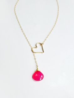 Heart Lariat Necklace - Hot Pink Gemstone Necklace With Dangling Heart Pink Necklace With Adjustable Chain, Pink Necklaces With Delicate Adjustable Chain, Adjustable Pink Necklace With Delicate Chain, Pink Necklace With Delicate Adjustable Chain, Pink Delicate Chain Necklaces As Gift For Her, Dainty Lariat Jewelry For Valentine's Day, Pink Delicate Chain Jewelry As Gift For Her, Pink Necklace With Adjustable Chain For Her, Adjustable Lariat Necklace For Valentine's Day