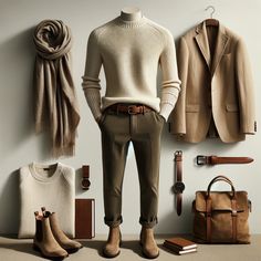 Here's a visual representation of your spring outfit centered around a cream cashmere crewneck sweater and dark olive Jodhpurs, complemented by tan suede Chelsea boots. The ensemble might also feature a lightweight, unstructured blazer in soft beige or taupe for cooler days, accessorized with a brown or tan leather belt, a simple elegant watch, and a lightweight scarf in a complementary color. This outfit combines natural tones and textures, creating a stylish and comfortable choice for the spring season, all set against a minimalist background to emphasize the polished and cohesive appearance. Beige Mens Outfits, Dark Brown Chelsea Boots Outfit, Tan Sweater Outfit Men, Taupe Suede Boots Outfit, Khaki Boots Outfit, Stylish Men Outfits Casual, Casual Attire Men, Men’s Accessories, Clothes Color Combinations