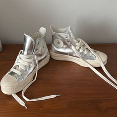 Brand New, Never Worn Metallic Sneakers With Round Toe For Spring, Spring Metallic Sneakers With Round Toe, Silver Converse, Women's Converse, Silver Shoes, Womens Converse, Converse Shoes, Well Dressed, Womens Shoes Sneakers