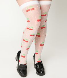 Sheer White Cherry Dot Thigh High Socks - Unique Vintage - Womens, ACCESSORIES, HOSIERY Cute Knee-high Socks For Spring, Cute Knee-high Spring Socks, Cute Knee-high Spring Stockings, Cute Fitted Knee-high Socks, Cute White Legwear For Spring, Cute Thigh High Fitted Stockings, Cute Thigh-high Fitted Stockings, Cute Fitted Thigh-high Stockings, White Thigh High Socks For Summer