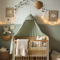 a baby's room decorated in neutral colors