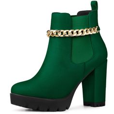 A chain wraps the top of the shaft on these faux suede leather ankle boots set on a chunky heel. These shoes go great with both jeans and dresses. Chunky Heels; Platform; Chain Decor; Block Heel; Ankle Boots; Vamp: Faux Suede; Outsole: Rubber; Heel: ABS; Heel Height: 3 7/8 inches; Shaft Height: 4 3/8 inches; Platform Height: 1 1/8 inches. Trendy Chain Boots For Party, Trendy Party Boots With Chain Detail, Party Boots With Chain Strap For Fall, Fall Party Boots With Chain Strap, Chain Boots For Fall Party, Chain Boots For Party In Fall, Trendy Chain Boots For Fall, Heel Chelsea Boots, Chunky Black Boots