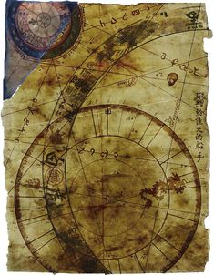 an old paper with a drawing of a sundial and zodiac signs on it, in front of a white background