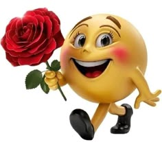 a smiley face holding a red rose in its right hand and pointing it at the viewer