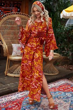 Vintage Boho Floral Maxi Dress Hippie Floral Print Dress For Fall, Hippie Floral Print Fall Dresses, Hippie Maxi Dress For Beach In Fall, Spring Flowy Maxi Dress With Bell Sleeves, Flowy Spring Maxi Dress With Bell Sleeves, Flowy Bell Sleeve Maxi Dress For Spring, Fall Beach Boho Dress In Rayon, Spring Rayon Long Dress, Long Rayon Dress For Spring