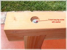 the hole in the wooden bench is marked with 3 inches long lag screws