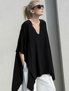 Material:>90%CottonStyle:Loose , Batwing SleevesFeature:SolidOccasion:Casual , Vacation , SimpleNeckline:V-neckSeasons:Spring , SummerType:T-Shirts TopsColor:BLACKSize:FREE SIZE Oversized Black V-neck T-shirt, Fall V-neck Lagenlook Tops, Black Lagenlook Tops For Summer, Solid Oversized V-neck Tops, Oversized Solid V-neck Top, Oversized V-neck Solid Tops, Oversized V-neck Top In Solid Color, Black Oversized V-neck T-shirt, Black Short Sleeve Lagenlook Top