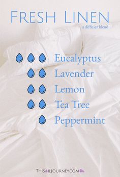 My favorite thing is to snuggle under crisp, freshly laundered linens. #thisoiljourney #diffuserblend #linen #eucalyptus #lavender #lemon #teatree #peppermint Soya Mumu, Essential Oils Cleaning, Essential Oils Herbs