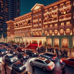 a group of cars parked in front of a large building at night with people standing around