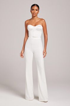 Ella White Corset Top White Corset Top Outfit Classy, Corset Trousers Outfit, Corset White Outfit, Cream Corset Outfit, White Corset Outfit, Bridal Fits, White Bra Top, Vegas Wedding Ideas, Nadine Merabi