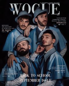 three men in blue outfits on the cover of a magazine with their arms around each other