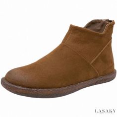 Lasaky - Vintage Genuine Leather Handmade Short Boots - Comfortable Low-Heel Soft Sole Ankle Boots Casual Flat Boots Casual Brown Martin Boots With Flat Heel, Brown Ankle-high Martin Boots With Rubber Sole, Casual Suede Martin Boots With Closed Toe, Flat Suede Boots For Fall, Casual Suede Martin Boots With Round Toe, Casual Martin Boots With Leather Sole, Casual Flat Boots With Leather Sole, Fall Leather Booties With Round Toe And Leather Footbed, Suede Martin Boots With Leather Sole