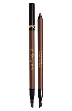 What it is: An ultracreamy, dual-ended and intense pigment gel-feel hybrid pencil that delivers 24 hours of smooth, smudgeproof wear in one stroke.What it does: Enriched with catcus fig oil, the waterproof formula glides on seamlessly and easily for all-day, transferproof comfort. It is dual-ended with an angled brush to help effortlessly stretch and smoke the formula during drydown time. It is available in one satin, two matte and two shimmer finishes for the ultimate long-lasting couture eye m Brown Eyeliner, Angled Brush, Bold Lips, Eyeliner Looks, Beacon Of Light, Fall Clothing, Waterproof Eyeliner, Happy Vibes, Winged Eyeliner