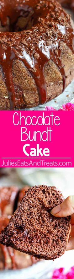 chocolate bundt cake on a white plate with pink flowers and text overlay that reads chocolate bundt cake