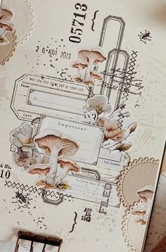 there are many mushrooms on the back of this box that is decorated with lace and paper