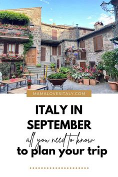 an italian town with the words italy in front of it and flowers growing out of pots