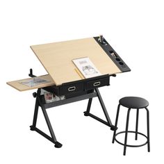 Adjustable Drawing Drafting Table Desk with 2 Drawers for Home Office and School with Stool Wood Image 1 Drafting Table Ideas, Drawing Table Desk, Artist Drawing Table, Table Retractable, Bureau D'art, Artist Desk, Craft Tables With Storage, Drawing Space, Craft Tables