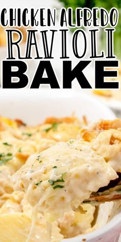 chicken alfredo ravioli bake in a white bowl