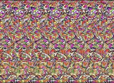 an abstract painting with many colors and patterns on the bottom half of it, as well as