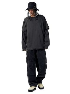 It is a casual oversized long sleeves t-shirt that has short sleeves layered look using patched sleeves. Made of pigment dyed fabric, the t-shirt has vintage and stylish vibe.- Oversized fit- Ribbed neck- Bias tape on the neck- Track stitch- Distressed hem Acid Wash Long Sleeve Streetwear Top, Distressed Long Sleeve Tops For Streetwear, Acid Wash Long Sleeve Tops For Streetwear, Urban Cotton Top For Layering, Washed Black Long Sleeve Grunge Top, Acid Wash Long Sleeve Cotton T-shirt, Cotton T-shirt For Layering, Washed Cotton Long Sleeve T-shirt, Long Sleeve Washed Cotton T-shirt