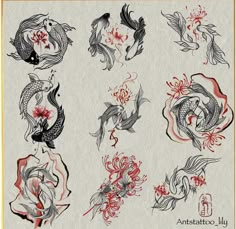 an artistic tattoo design with fish and flowers on it's back side, in black and red ink