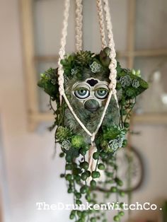 a hanging planter with an animal face on it