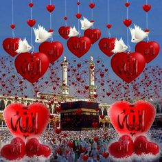 many red and white heart shaped balloons floating in the air over a large group of people