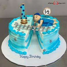 a birthday cake with a boy swimming in the pool