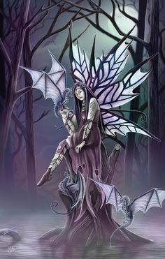 a fairy sitting on top of a tree stump in the woods with her dragon wings