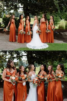 the bride and her bridal party are posing for pictures in their orange gowns