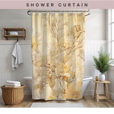 a shower curtain with yellow flowers on it