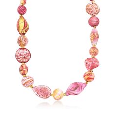 Italian Pink and Gold Murano Glass Bead Necklace in 18kt Gold Over Sterling | Ross-Simons Eclectic Necklace, Lampwork Jewelry, Murano Glass Jewelry, Gold Designs, Sterling Necklaces, Murano Glass Beads, Jewelry Stand, Traditional Jewelry, Glass Bead Necklace