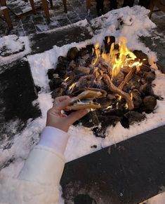 a person holding a hot dog in front of a fire pit filled with marshmallows