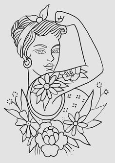 a black and white line drawing of a woman with flowers in her hair, holding a flower