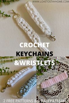 crochet keychains and wristlets with text overlay