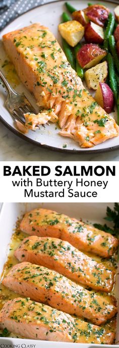 baked salmon with buttery honey mustard and potatoes