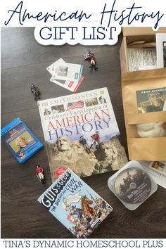 the american history gift list includes books, toys and other items for kids to use