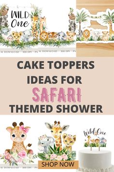 a cake topper with giraffes on it and the words safari themed birthday