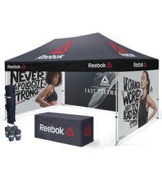 the reebok pop up tent is ready to be used as a backdrop for an event