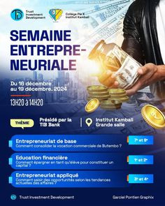 a flyer for the seminar on how to make money in french and english, with an image of a man holding stacks of cash