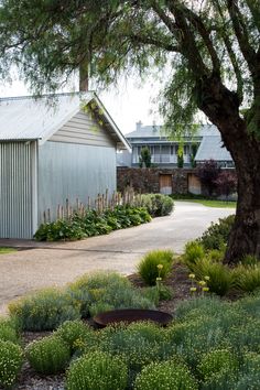 the house is surrounded by green plants and trees, along with a gravel path leading to it