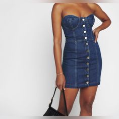 Denim Bustier Dress From Reformation! Chic Fitted Denim Dress With Buttons, Casual Medium Wash Mini Dress For Party, Medium Wash Fitted Mini Dress For Party, Chic Fitted Denim Mini Dress, Blue Denim Mini Dress For Date Night, Chic Blue Denim Mini Dress, Chic Dark Wash Mini Dress, Blue Denim Dress For Date Night, Party Denim Dress In Medium Wash